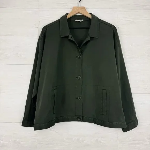 Eileen Fisher‎ Organic Cotton Hemp Jacket XL Green Utility Pockets Boxy Casual
